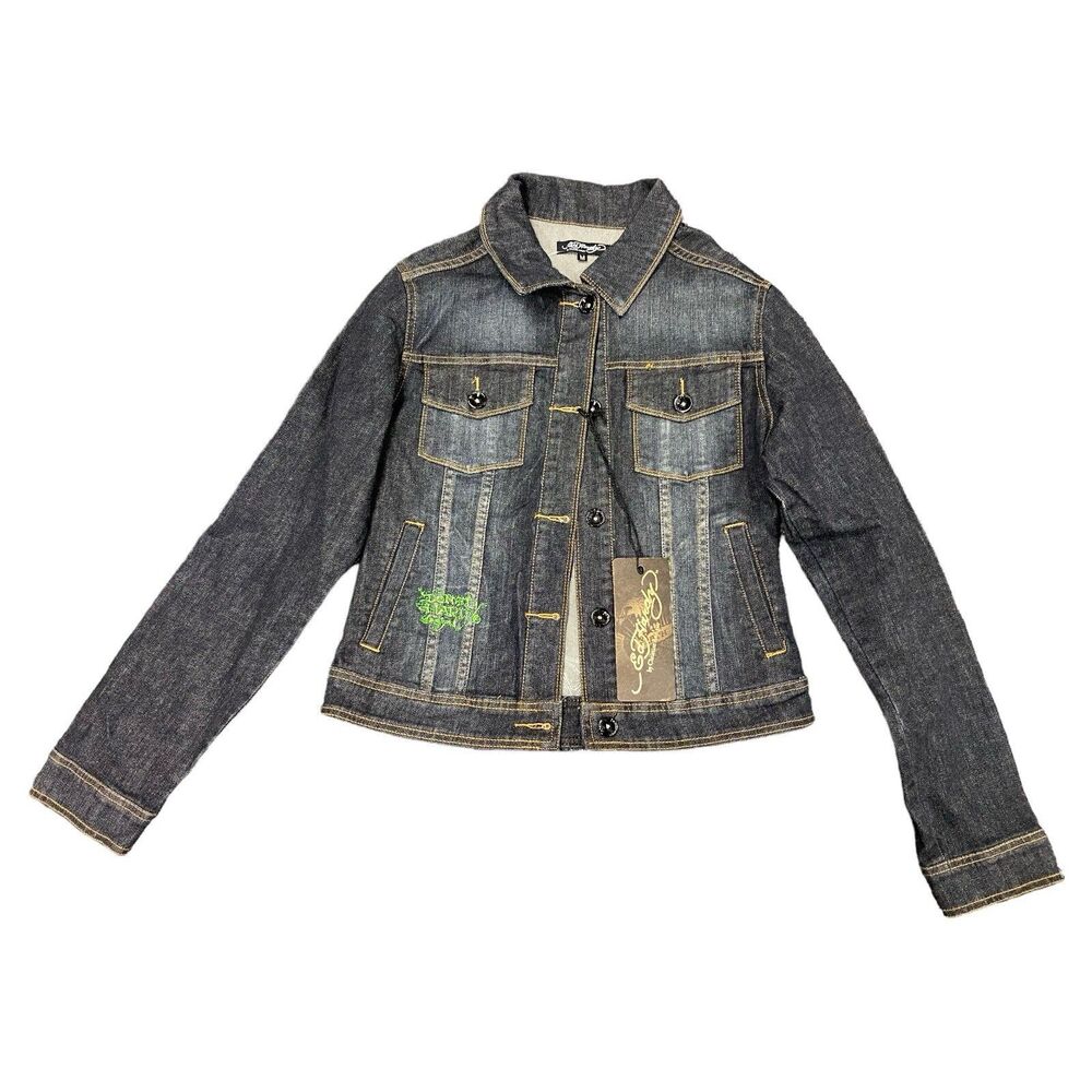 ED HARDY by Christian Audigier Love Rose & Skull Denim Jacket Women Sz Medium - Picture 2 of 7